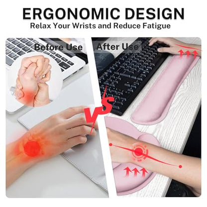 Britimes Pink Keyboard Mouse Pad Set Pink 4 in1 Large Mousepad+Keyboard Wrist Rest+Mouse Wrist Rest+Coaster Ergonomic Design for Home Office Computer 35.4x15.7Inches