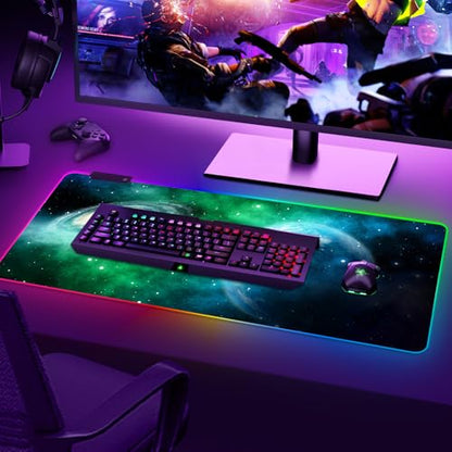 Large RGB Gaming Mouse Pad, Led Big Mouse mat with 14 Light Modes, Extended Soft Computer Keyboard Mat Non-Slip Rubber Base, Green Planet Nebula - color: Green Planet Nebula