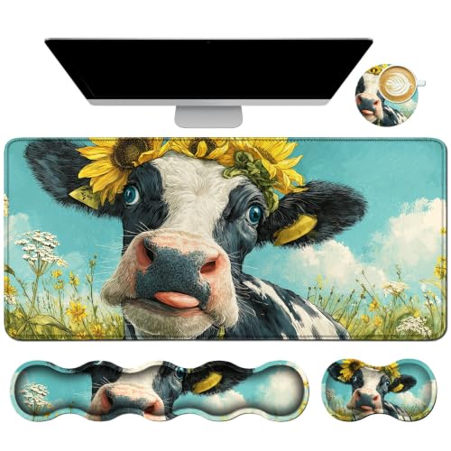 Memory Foam Keyboard Wrist Rest Coaster Desk Mat Set, Cow Sunflower - color: Cow Sunflower, size: 4Pcs Memory Foam Pad
