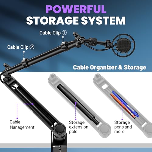CAHAYA Desk Mount Mic Arm, Low Profile Boom Stand for Streaming, Black | Supports Mics Up to 5.5lb for Podcasting Recording Meetings Compatible with Shure SM7B, BlueYeti, FIFINE, HyperX QuadCast