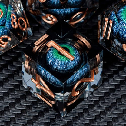 ARUOHHA DND Dragons Eye Dice Liquid Core Blue Green Resin Sharp Edged Dice Set with Gift Box, Compatible with D&D Role Playing Game, Dungeons Polyhedral D and D Dice D20 D12 D10 D8 D6 D4 - color: Yy03-blue Green