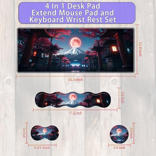 Large Gaming Mouse Pad Set with Wrist Support – 31.5" x 11.8" 4-in-1 XXL Mousepad with Keyboard Wrist Rest, Mouse Wrist Rest & Coaster – Ergonomic Desk Mat for Office, Home – Japanese Full Moon - color: Japanese Full Moon
