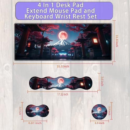 Large Gaming Mouse Pad Set with Wrist Support – 31.5" x 11.8" 4-in-1 XXL Mousepad with Keyboard Wrist Rest, Mouse Wrist Rest & Coaster – Ergonomic Desk Mat for Office, Home – Japanese Full Moon - color: Japanese Full Moon