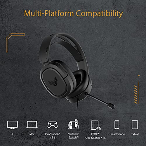 ASUS TUF Gaming H1 게이밍 헤드셋 유선, 디스코드 인증 마이크 - 블랙 | 7.1 서라운드 사운드, 40mm 드라이버, 3.5mm, 경량, PC, 스위치, PS4, PS5, Xbox One, Xbox 시리즈 X/S 및 모바일 장치용