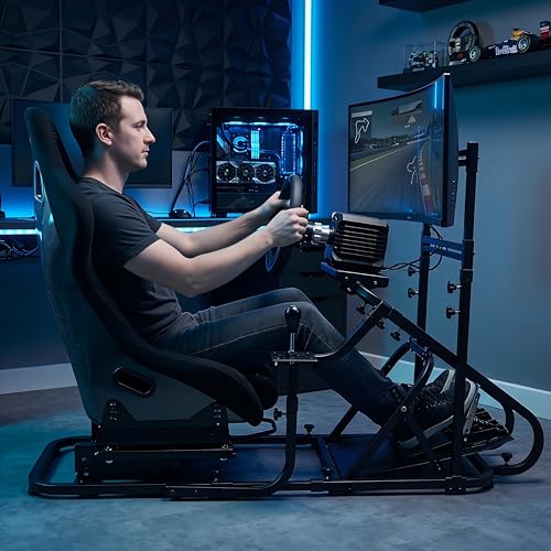 Racing Simulator Cockpit with Monitor Mount and Stronger Fiberglass Back Mesh Fabric Bucket Seat, Racing Wheel Stand Compatible with Fanatec, Thrustmaster, Logitech, Moza Racing Games on PS5, PS4, Xbox and PC - color: Cockpit+Black Seat
