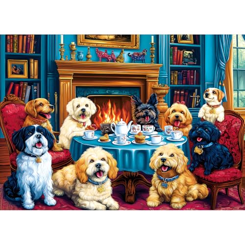 1000 Pieces Puzzles for Adults, Cozy Library Dogs Jigsaw Puzzle - Dogs' Dinner Party with Books & Fireplace for Adults and Teens Family Challenging for Game Nights (27.5 x 19.7 Inch) - color: Colorful - Dogs' Dinner Party