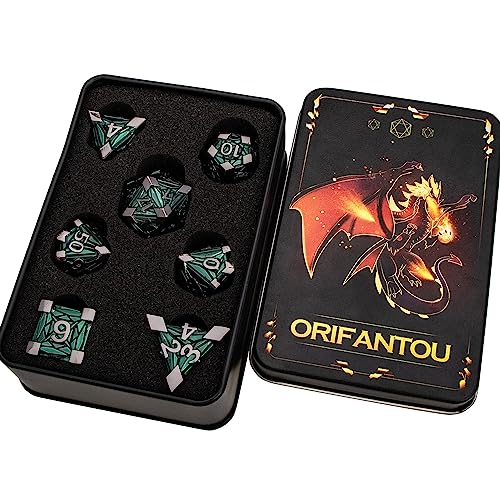7PCS Metal DND Dice Set with Box, Debris RPG Green D and D Dice for use with D&D Tabletop Games Role Playing Game Polyhedral Dice Set D20 D12 D10 D8 D6 D4 - color: Black Green