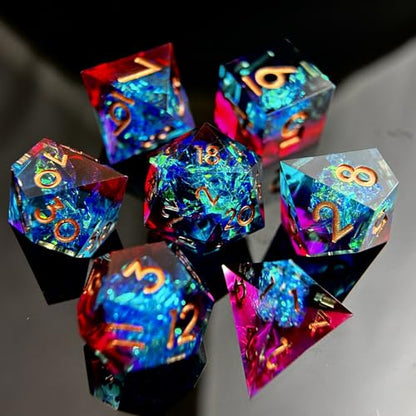 HAOMEJA 7pcs Sharp Edge Resin Dice Set, Handmade Polyhedral Dice with Glitter & Galaxy Effect Apply to DND, D&D, RPG, MTG Tabletop Games, Role Playing Game, Easter, Halloween Party Gift (Blue Red) - color: T Blue Red