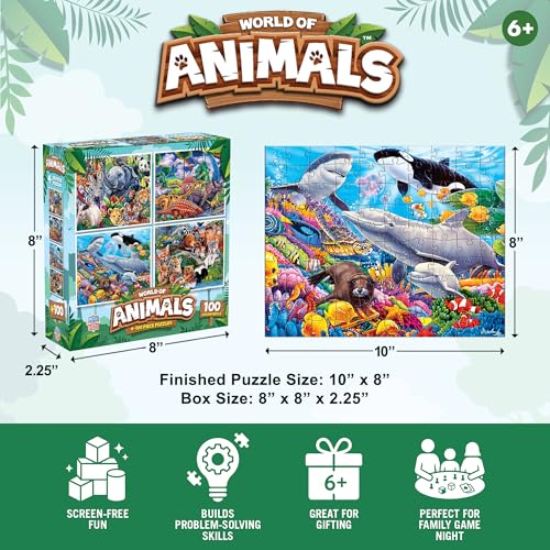 MasterPieces Jigsaw Puzzle Set for Kids, 4-Pack of 100 Piece Puzzles, Educational Animal Theme, Fun Game, Gift Idea, 8" x 10" - style: World of Animals V1