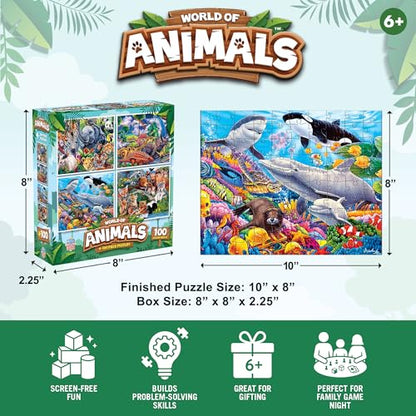 MasterPieces Jigsaw Puzzle Set for Kids, 4-Pack of 100 Piece Puzzles, Educational Animal Theme, Fun Game, Gift Idea, 8" x 10" - style: World of Animals V1