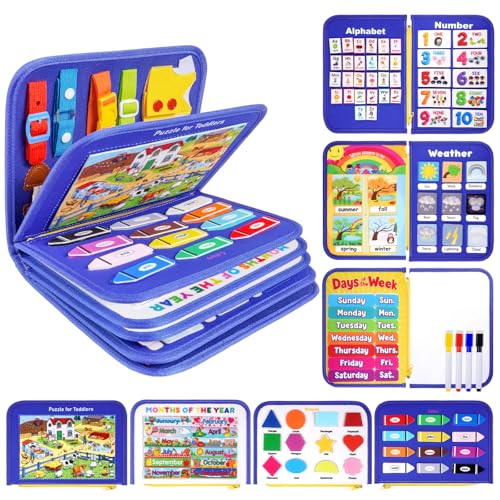 Toddler Busy Board, Montessori Busy Book for Toddlers, 12-Page Quiet Educational Activity Book for Motor Skills, Learning Sensory Travel Toys for Car Airplane, Birthday Gifts for Boy Girl Kids (Blue) - color: Blue