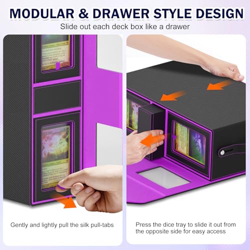 Commander Deck Box for MTG, 4-Deck Modular Card Case with Dice Tray Holds 400+ Double-sleeved Cards, Portable Trading Cards Storage Box 35PT Magnetic Holders Dividers Display Window for TCG/EDH