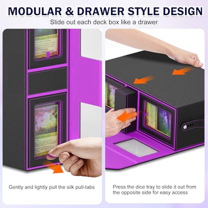 Commander Deck Box for MTG, 4-Deck Modular Card Case with Dice Tray Holds 400+ Double-sleeved Cards, Portable Trading Cards Storage Box 35PT Magnetic Holders Dividers Display Window for TCG/EDH