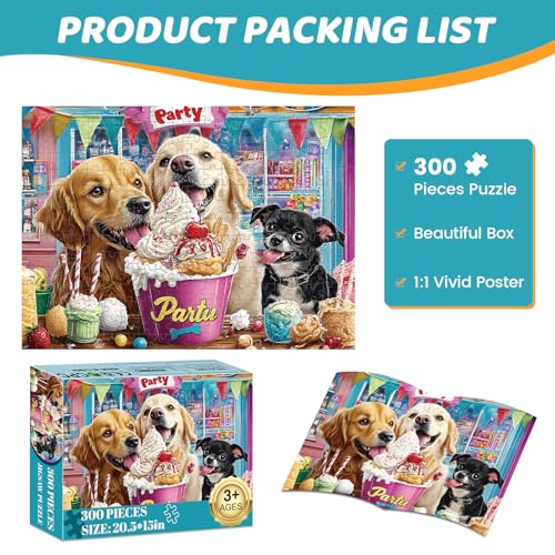 300 Pieces Puzzles for Adults | Dog Birthday Party Jigsaw Puzzles 300 Piece for Children Adults Seniors | Sturdy,Safe | Engaging & Educational Toys Great Gift for Boys Girls 20.5 x 15 in - style: IceCream