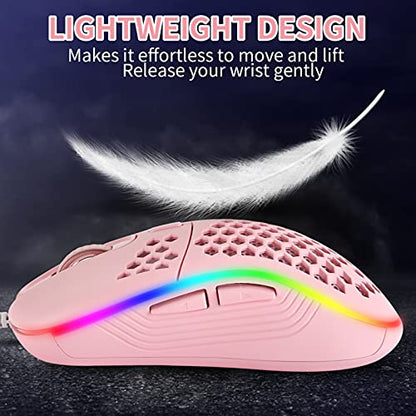 Techsea Honeycomb Wired Gaming Mouse with RGB On/Off Switch, 7200 Adjustable DPI, Ergonomic Lightweight Design & High Precision Sensor for PC/Mac Gamers (Pink) - color: Pink