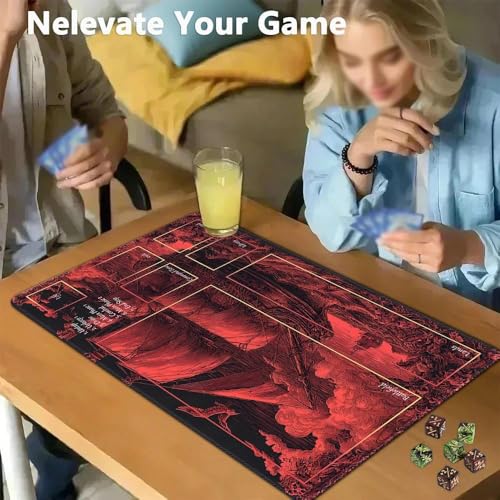 MTG Playmat 24x14 Inch | Optional Game Zone Layout | Non-Slip Rubber Base | Stitched Edges | Includes Free Storage Bag | for TCG, Board Games, and Desk Use(Bloodsail,with Zone) - color: Bloodsail, style: With zone