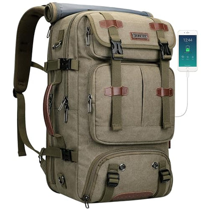 WITZMAN Travel Backpack for Men 40L Large Carry-on Airline Approved | Canvas 3 in 1 Duffle Luggage Bag Fits 16“ Laptop, Shoe Compartment, For Weekend Getaway, Overnight Trip - color: Army Green
