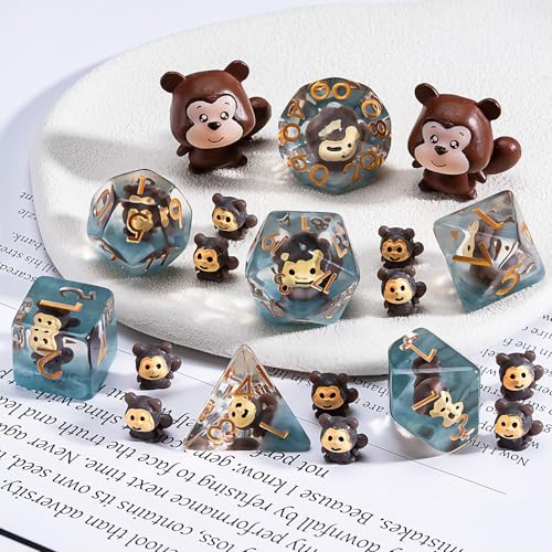 DND Dice Set, Bear Resin Cute Polyhedral Dice for Dungeons and Dragons, RPG, MTG D&D 7-DIE (D4, D6, D8, D10, D12, D20, D%) for Ages 15 and Up - color: Monkey