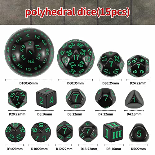 CiaraQ DND Polyhedral Dice Set (15pcs) D4-D100 Game Dice with Dice Bag | Acrylic Role Playing Dice for Dungeons and Dragons MTG Table Games (Black & Green) - color: Black & Green