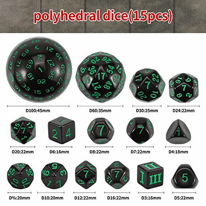 CiaraQ DND Polyhedral Dice Set (15pcs) D4-D100 Game Dice with Dice Bag | Acrylic Role Playing Dice for Dungeons and Dragons MTG Table Games (Black & Green) - color: Black & Green