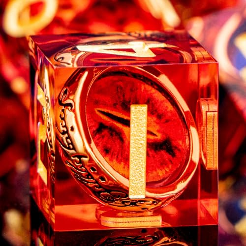 Magic Golden Ring DND Dice Set Sharp Edge Red Gaze Eye Resin Dice with Box, for use with RPG D&D Tabletop Games Lord D and D Polyhedral Dice Set - color: Ring -Eye-red