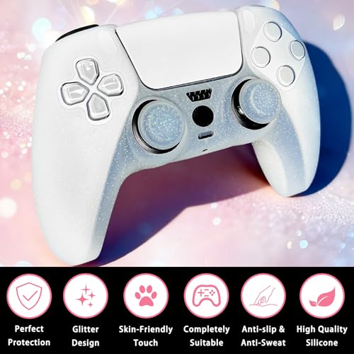 White Glitter Silicone Protective Case for PS5 Controller, Sparkly Bling Soft Cover Skins, Includes 8-in-1 Glitter Thumb Grip Caps + 2 Cat Paw Caps – Shockproof Dustproof Anti-Slip - color: White