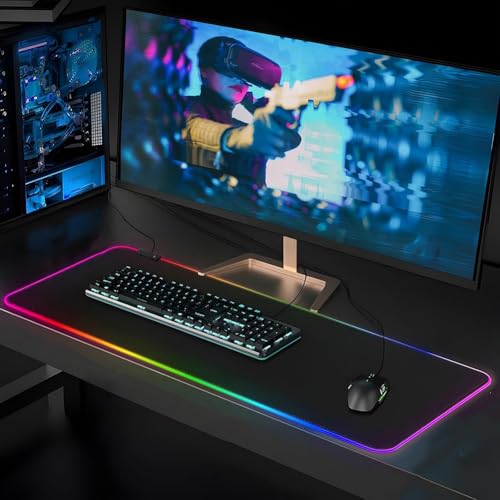 Large RGB Gaming Mouse Pad,Full Desk XL Extended Gaming Mousepad,14 Modes Glow, 7 LED Colours,Balanced Control & Speed - Non-Slip Rubber Base & Smooth Fabric Surface