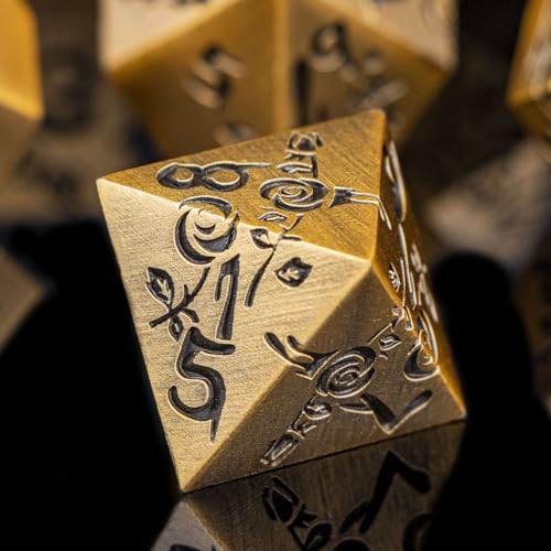 Gothic DND Dice Set Bleeding Rose Metal D and D Dice for use with Dungeons Dragons D&D Role Playing Game, Antique Gold RPG Blood Polyhedral Dice Set D20 D12 D10 D8 D6 D4 - color: Antique Gold