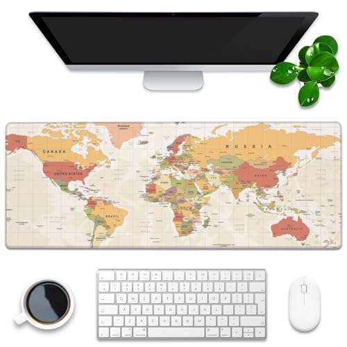 Desk Mat, Yellow Vintage World Map Extended Gaming Mouse Pad Large, 31.5"x11.8" Big Mouse Pad with Non-Slip Base and Stitched Edge, Long Computer Keyboard Mouse Mat for Home Office Work - color: Retro World Map, size: 31.5"x11.8"