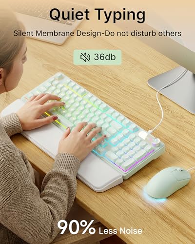 EWEADN Wired Keyboard and Mouse Combo with Detachable Wrist Rest, Quiet Ergonomic Keyboard Mouse Set with Multimedia Knob, RGB Backlit, Double-Shot Keycaps Natural Typing for Laptop, PC - Green - color: Green