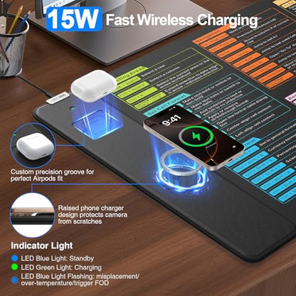 Wireless Charging Mouse Pad, 31.5"x15.8" Big Excel Cheat Sheet Desk Pad | Office Spreadsheet Keyboard Mat, Waterproof Ultra-Smooth Surface, Non-Slip Stitched Edge - color: Black-Excel Shortcuts-31.5"x15.8"
