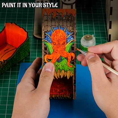CZYY Cthulhu Dice Tower, Foldable Wooden Dice Roller with Tray | Laser-Cut Birch Plywood, Folding Design, Sea Monster Artwork, For Board Games & RPG Nights