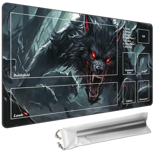 for TCG/MTG Playmat 24 x 14in with Zones Including Storage Bag | Smooth Surface & Non-Slip Rubber Backing | Stitched Edge Desk Pad & Card Game Mat, Black Werewolf - color: Black Werewolf, size: 24"×14"With Zones