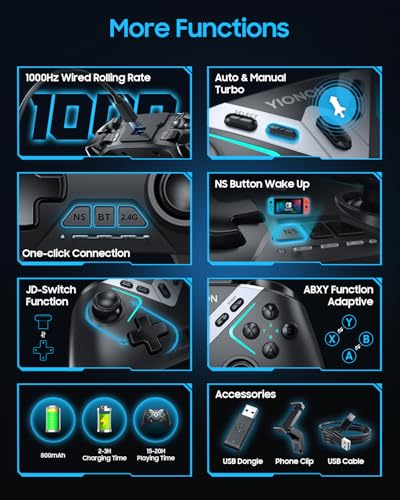 YIONON Dual Hall Effect PC Controller with USB Dongle & Phone Clip | Bluetooth Controller for PC/iPhone/Android/Steam/TV with Macro, Joystick Speed Down, 6-Axis Gyro, Vibration, Turbo, Wake Up - color: Black