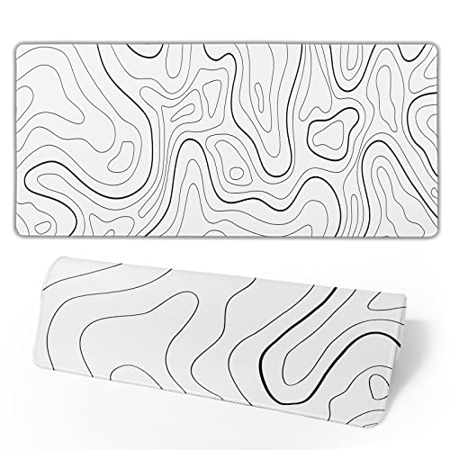 White Extended Gaming Mouse Pad - 31.5 x 11.8 Inch Black and White Topographic Mouse Pad with Anti-Slip Rubber Base for Home Office - color: White Topographic
