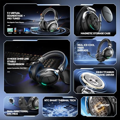 Wireless Gaming Headset with Detachable Noise Canceling Microphone | 2.4 GHz, Bluetooth, 53mm Titanium Drivers, 220H Battery, 7.1 Surround Sound