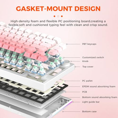 DAREU EK75PRO Sakura Pink Wireless Mechanical Keyboard,75% Hot Swap Creamy Gaming Keyboard with Knob,RGB Backlit,Gasket Custom Structure,Side Printed PBT Keycaps,2.4Ghz/BT5.1/USB-C, for Win/MAC - color: Pink