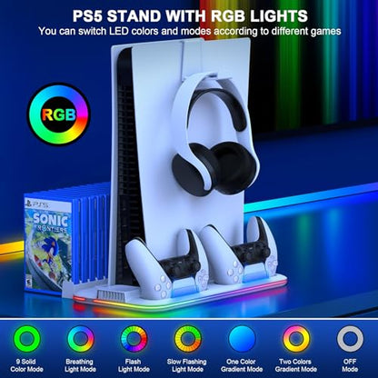 PS5/Slim/Pro Stand and Cooling Station with Controller Charging Station for Digital/Disc, PS5 Accessories Incl. 3 Levels Cooling Fan, LED Light, 15 Game Storage, Headset Holder for Playsation 5 White