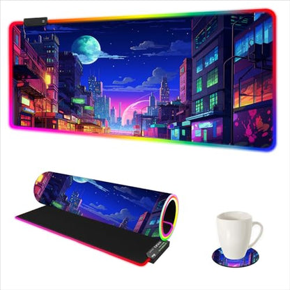 AIMSA RGB Gaming Mouse Pad, Large Mousepad with 14 Led Light Modes, Keyboard Pad Gaming Accessories for Desk, Non-Slip Rubber Base Mouse Mat for Gamer, Modern Urban Night Scene - color: Modern Urban Night Scene
