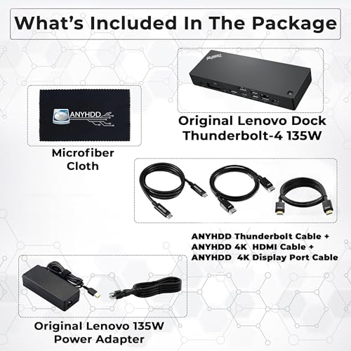 Lenovo 40B00135US Docking Station Thunderbolt 4 Dock - Universal Laptop Docking Stations with 135W Power Adapter + HDMI Cable + DisplayPort Cable + Thunderbolt Cable + Microfiber Cloth (Renewed