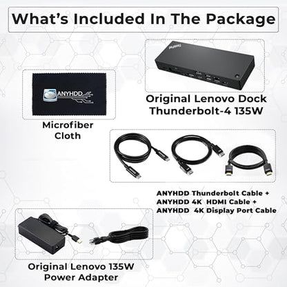 Lenovo 40B00135US Docking Station Thunderbolt 4 Dock - Universal Laptop Docking Stations with 135W Power Adapter + HDMI Cable + DisplayPort Cable + Thunderbolt Cable + Microfiber Cloth (Renewed