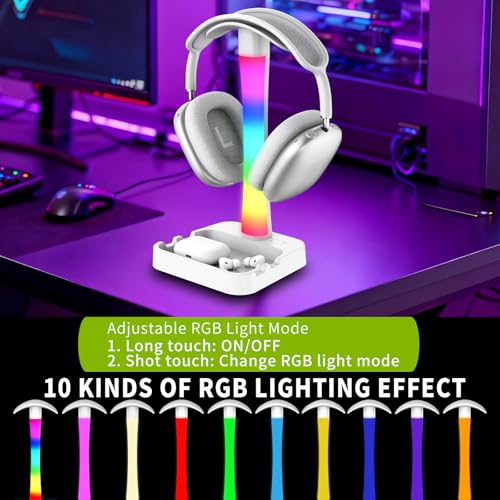 Headphone Stand with Charger,Gaming Headset stand with RGB Light Mode,For Airpod Max Stand,Desk Lamp,Phone Holder,Tablet Holder,desktop organizer,Gifts for Gamers & Music Lover (White) - color: White