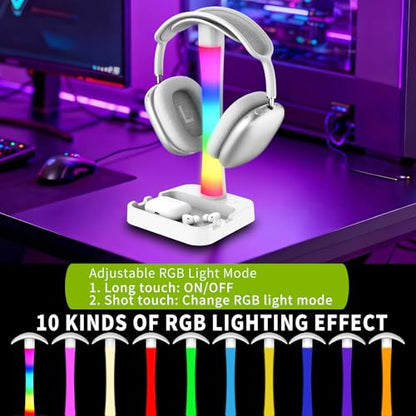 Headphone Stand with Charger,Gaming Headset stand with RGB Light Mode,For Airpod Max Stand,Desk Lamp,Phone Holder,Tablet Holder,desktop organizer,Gifts for Gamers & Music Lover (White) - color: White