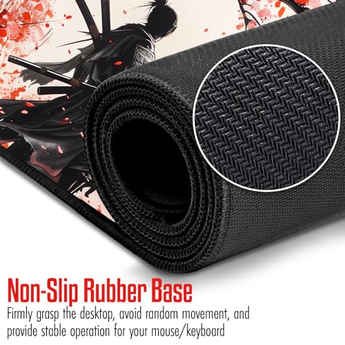 VNDL Large Japanese Gaming Mouse Pad, White and Red, Premium Non-Slip Anime Desk Pad for Office, Extended XL XXL Mouse Mat and Laptop Pad, Waterproof and Stiched Edges 31.5 x 15.7 in (sam3) - color: sam3