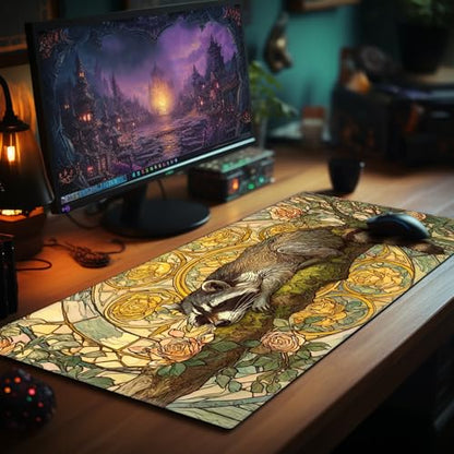 Card Playmat 24" x 14" TCG Game Mat for MTG and Other Card Games, Premium Stitched Card Gameplay Mat with Non-Slip Rubber Backing Board Games Desk Duel Mats, Art Nouveau Sleeping Raccoon - color: Art Nouveau Sleeping Raccoon, size: 24"X14" Without Zones