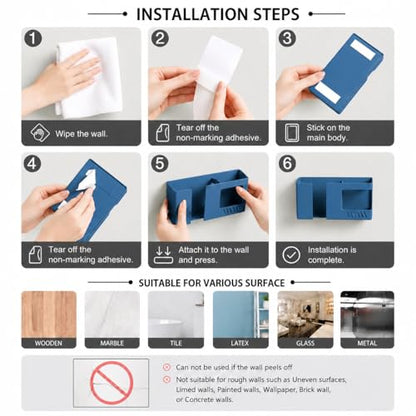 Strong Adhesive Wall Mount Phone Holder D3 Punch-Free Bedside Phone Shelf with Charging Port, Sticky Remote Control Storage Box, Bathroom & Kitchen Wall Organizer (Blue) - color: Blue