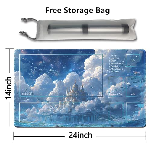MTG Playmat 24x14 Inch | Optional Game Zone Layout | Non-Slip Rubber Base | Stitched Edges | Includes Free Storage Bag | for TCG, Board Games, and Desk Use(Cloudspire,with Zone) - color: Cloudspire, style: With zone