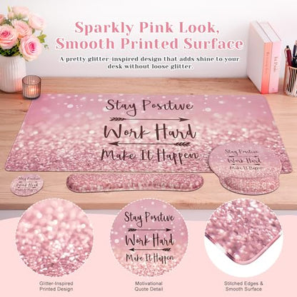 iCasso Mouse Pad,Large Pink Desk Mat Set, 4in1 Back to School XXL Mousepad + Keyboard Wrist Rest+Mouse Wrist Rest+Coaster with Ergonomic Desk Pad for Home Office Computer Cover -Pink Stay Positive - color: 1-Pink Stay Positive