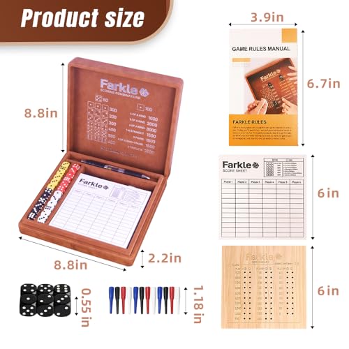 Farkle Dice Tray and Storage Case - Includes Embedded Scoring Combinations, 4 Sets of 6 Pearl Dice, 50 Sheet Score, 2 Scoreboards, 12 Scoring Sticks, and a Pen for The Classic Family Games (Brown)