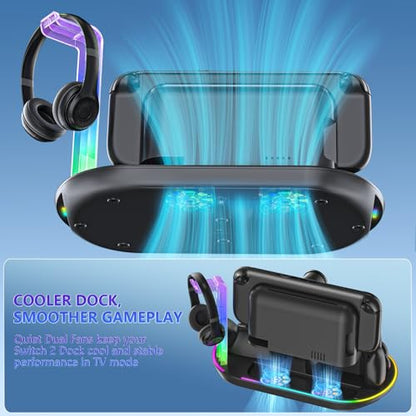 Switch 2 Charging Dock Stand with Cooling Fan,Charger for Joycons 2 and Switch 2 Pro Controller with RGB Light Storage Stand for Headset & Camera Storage Slot &7 Game Card Slots
